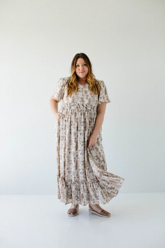 Maxi dresses for glamorous weddings -Plus 'Delphi' V-Neck Flutter Sleeve Abstract Print Maxi Dress in Taupe FINAL SALE