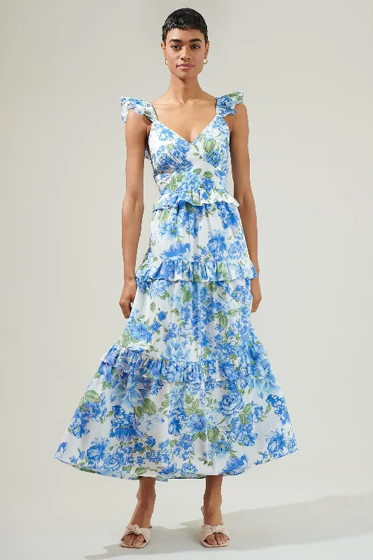 Maxi dresses with pleated bodice -Truth Be Told Blue Floral Tiered Maxi Dress