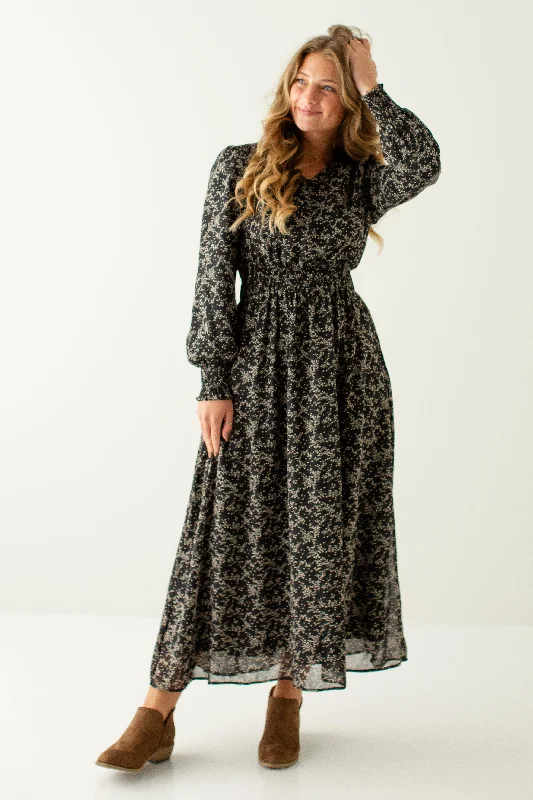 Maxi dresses with back tie detail -'Pamela' Smocked Detail Ditsy Floral Maxi Dress in Black