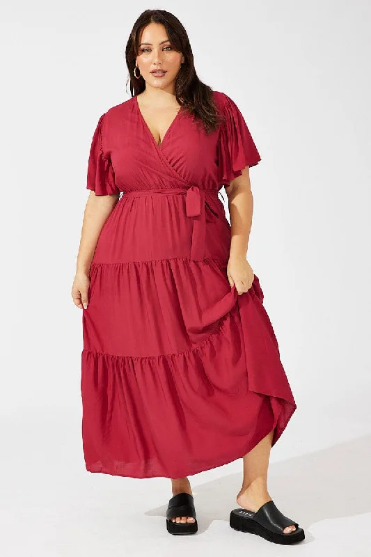 Maxi dresses for evening celebrations -Red Maxi Dress Short Sleeve V-neck Tiered