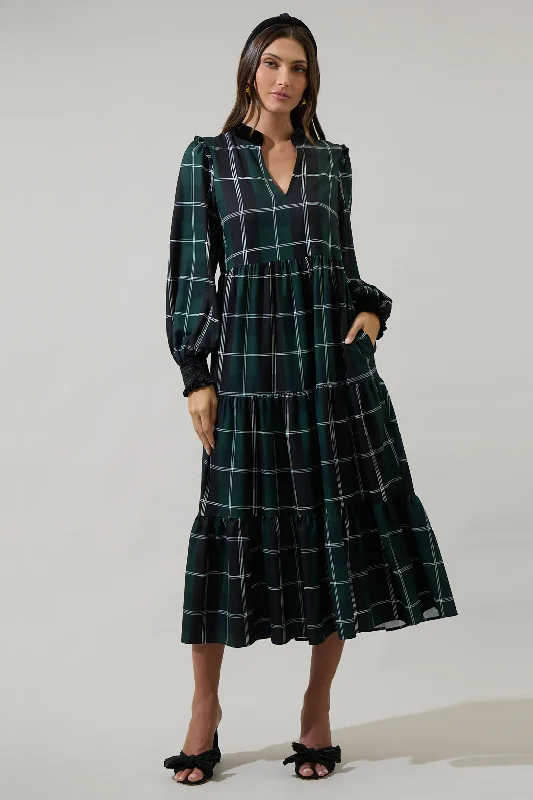 Maxi dresses with frayed edges -Sweet Beyond Plaid Sherril Long Sleeve Maxi Dress