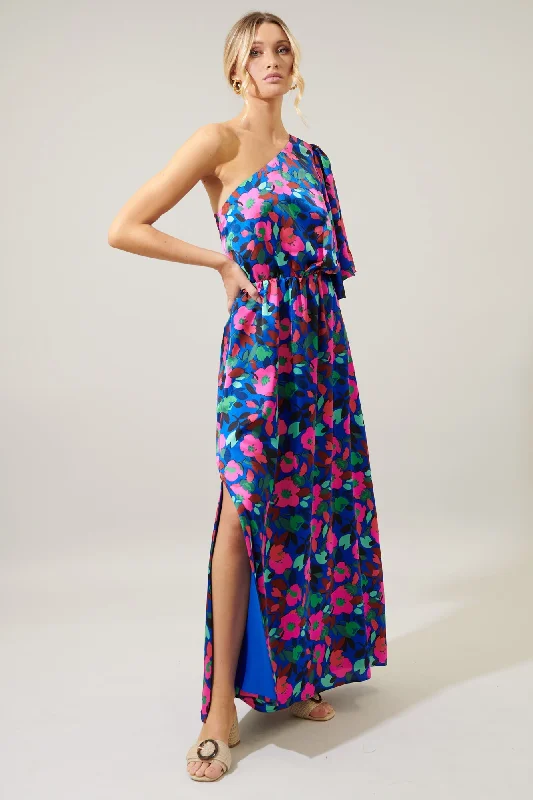 Maxi dresses with silk fabric -Vivi Berry Floral Meara One Shoulder Satin Maxi Dress