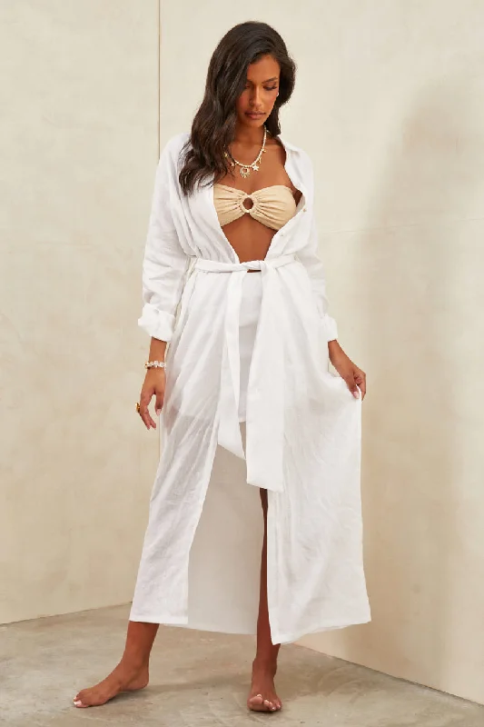 Maxi dresses with flowing tiers -Aura Linen Maxi Dress White