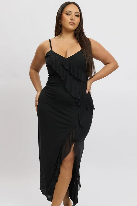 Maxi dresses with frayed edges -Black Frill Mesh Bodycon Maxidress