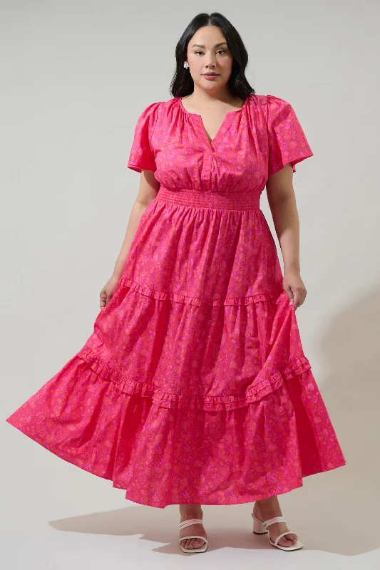 Maxi dresses for outdoor weddings -Cerise Floral Palmer Poplin Tiered Maxi Dress Curve