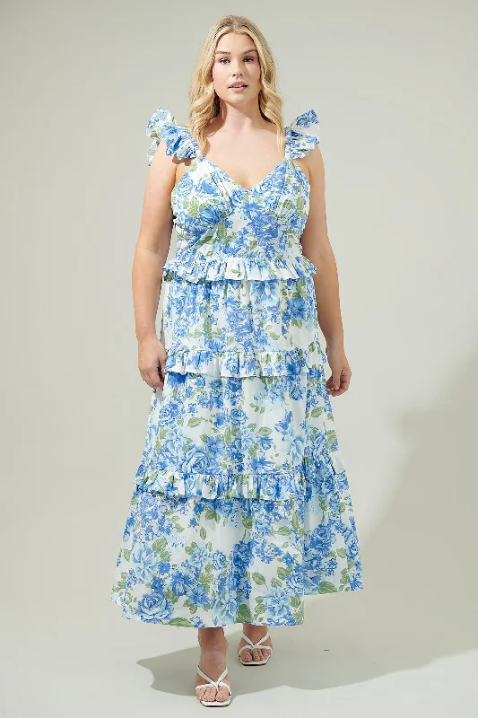 Maxi dresses with satin fabric -Truth Be Told Blue Floral Tiered Maxi Dress Curve