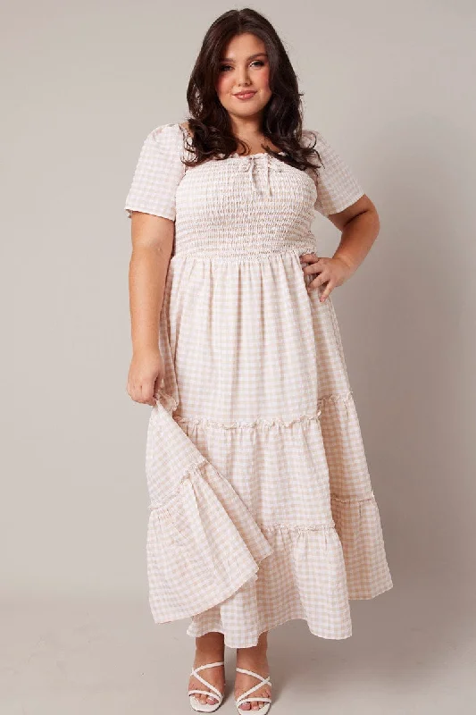 Maxi dresses with multi-tier design -Beige Check Maxi Dress Short Sleeve Shirred Bust