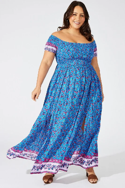 Maxi dresses with sleek bodice -Blue Boho Maxi Dress Short Sleeve Shirred