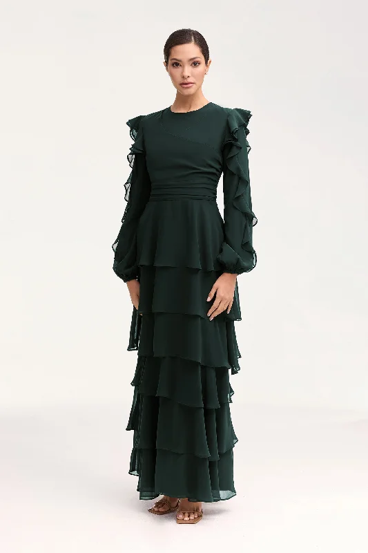 Maxi dresses for fall season -Renad Tiered Chiffon Maxi Dress - Emerald