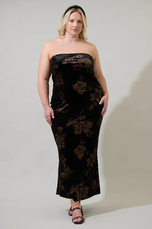 Maxi dresses with side pockets -Ace Floral Dynamite Velvet Strapless Maxi Dress Curve