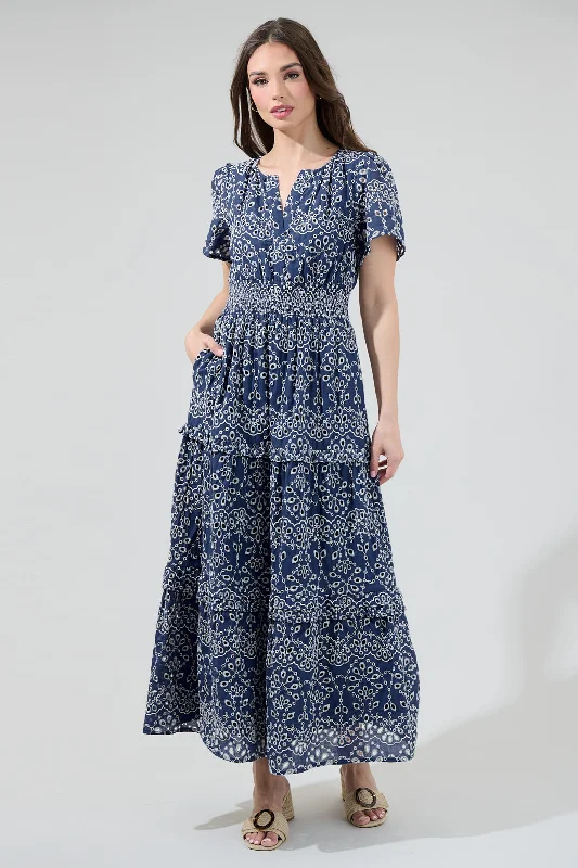 Maxi dresses with satin finish -Viridiana Floral Eyelet Palmer Tiered Maxi Dress