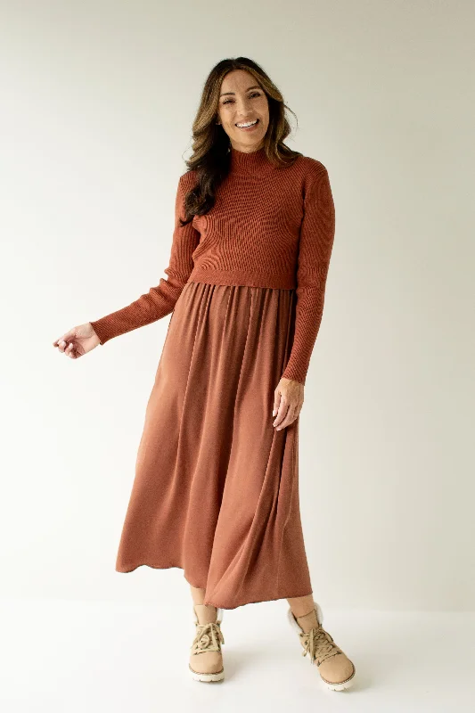 Maxi dresses with structured design -'Harriet' Muted Satin Sweater Mixed Maxi Dress in Cinnamon