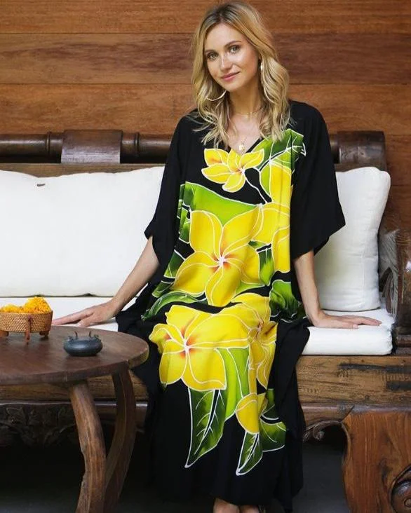 Maxi dresses for festive celebration -SHU-SHI Women's Handpainted Floral Kaftan Dress - Loose Maxi Beach Cover-Up, Plus Size Caftan