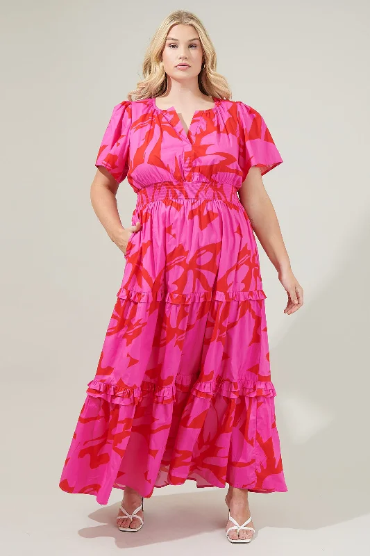 Maxi dresses for summer festivals -Jolene Abstract Palmer Poplin Tiered Maxi Dress Curve