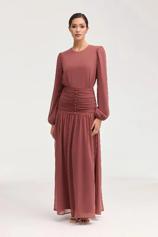 Maxi dresses for vacation -Randa Rouched Maxi Dress - Toasted Pecan