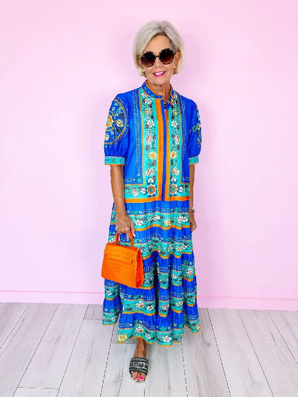 Maxi dresses with button-up design -LONGING FOR SANTORINI FLORAL MAXI DRESS - BLUE