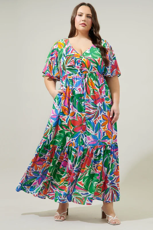 Maxi dresses with sheer waist -Paradise Falls Pismo Button Down Flutter Maxi Dress Curve