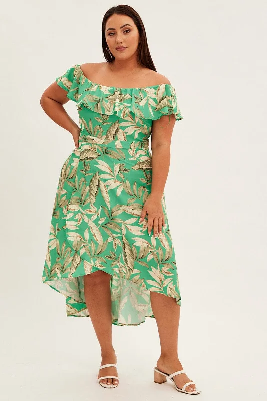 Maxi dresses with ruched bodice design -Green Floral Maxi Dress Off Shoulder Crepe