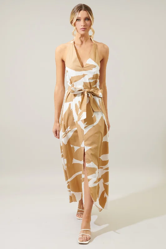 Maxi dresses for evening ball -Hazel Abstract Backless Halter Low Tide Maxi Dress