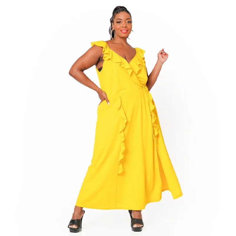 Maxi dresses with soft chiffon -Plus Size Ruffle Trim Wrapped Maxi Dress in Mustard