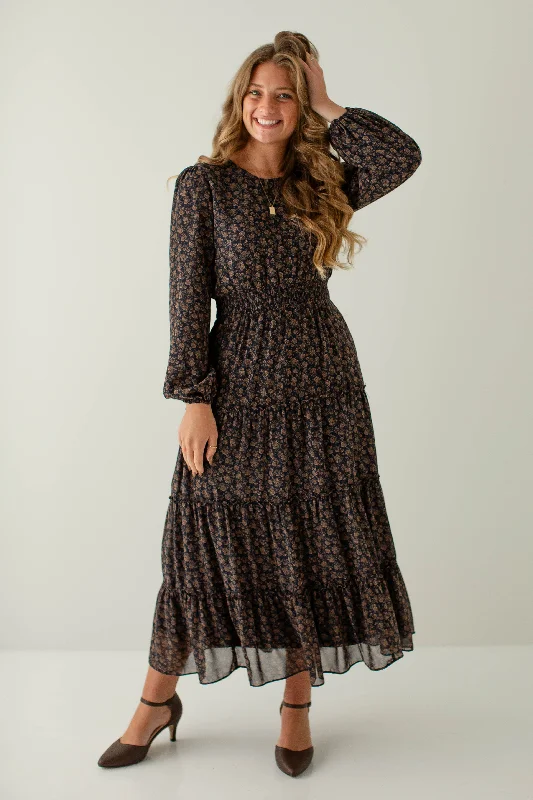 Maxi dresses with long flowy fabric -'Ophelia' Smocked Waist Floral Chiffon Maxi Dress in Dark Navy