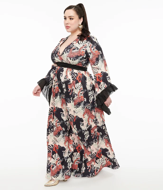 Maxi dresses for romantic evening events -Unique Vintage Plus Size 1970s Black Jungle Cat Print Maxi Dress