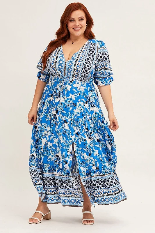 Maxi dresses with halter strap -Boho Print Short Bubble Sleeve Boho Print Maxi Dress