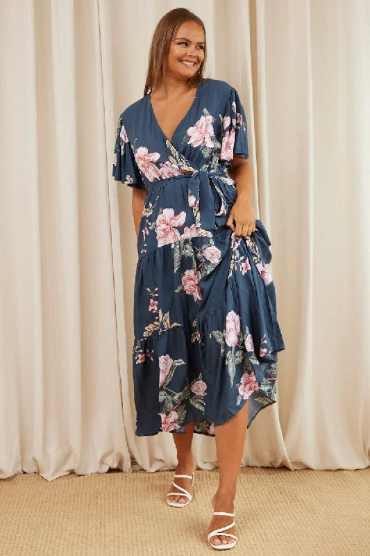 Maxi dresses for luxury night outs -Blue Floral Maxi Dress Short Sleeve Wrap Front Tiered