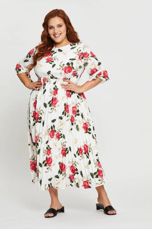 Maxi dresses for formal outdoor parties -Floral Print Maxi Dress Round Neck Short Sleeve