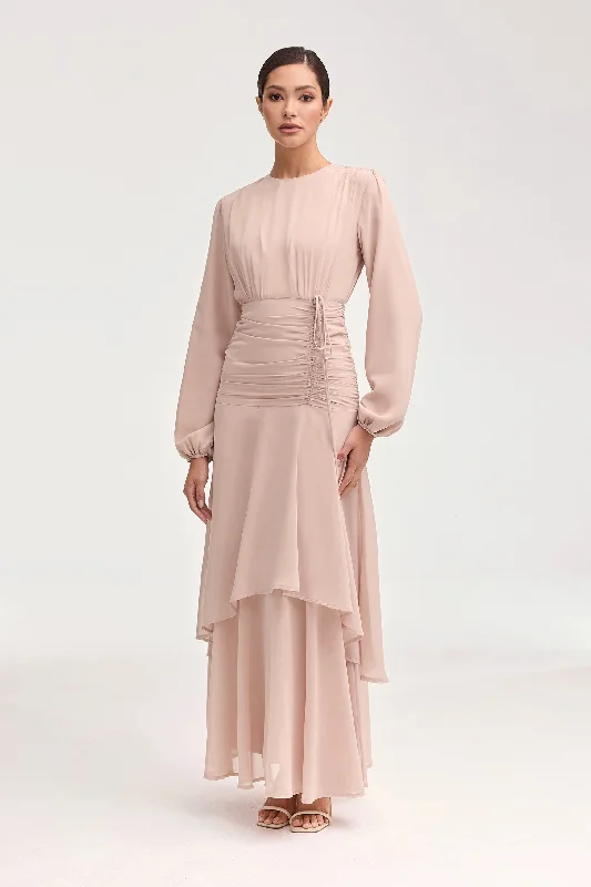 Maxi dresses with smocked bodice -Narjis Side Rouched Maxi Dress - Jasmine Pink