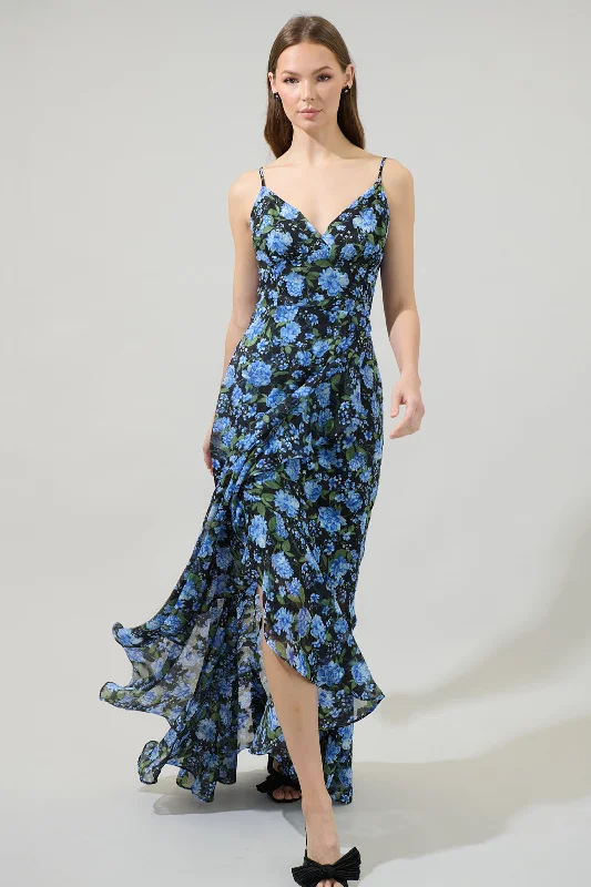 Maxi dresses with tie-up waist -Lyssa Floral Doris Ruffle Maxi Dress