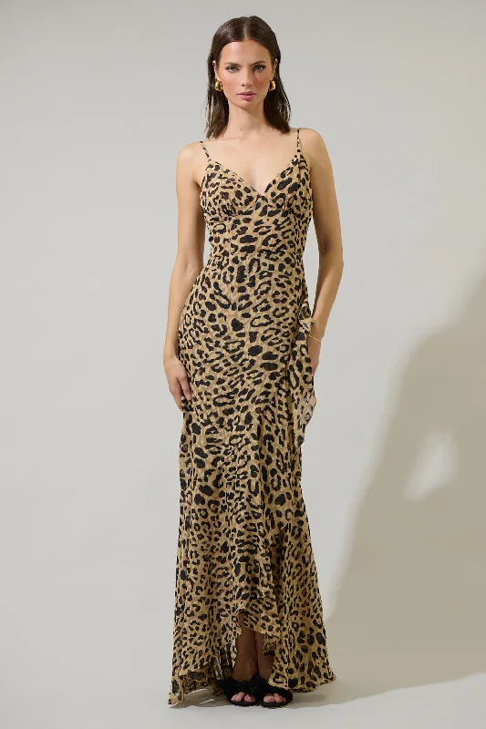 Maxi dresses for elegant soirees -Clare Leopard Doris Ruffle Maxi Dress