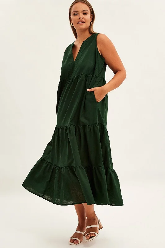 Maxi dresses for vacation dinners -Green Maxi Dress Sleeveless Tiered Linen Blend