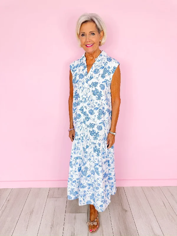 Maxi dresses for cocktail events -FRUITFUL BLOOMS TIERED MAXI DRESS - BLUE