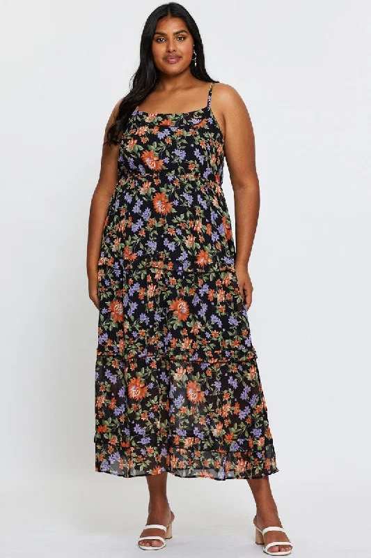 Maxi dresses for work parties -Floral Print Maxi Dress Square Neck Sleeveless