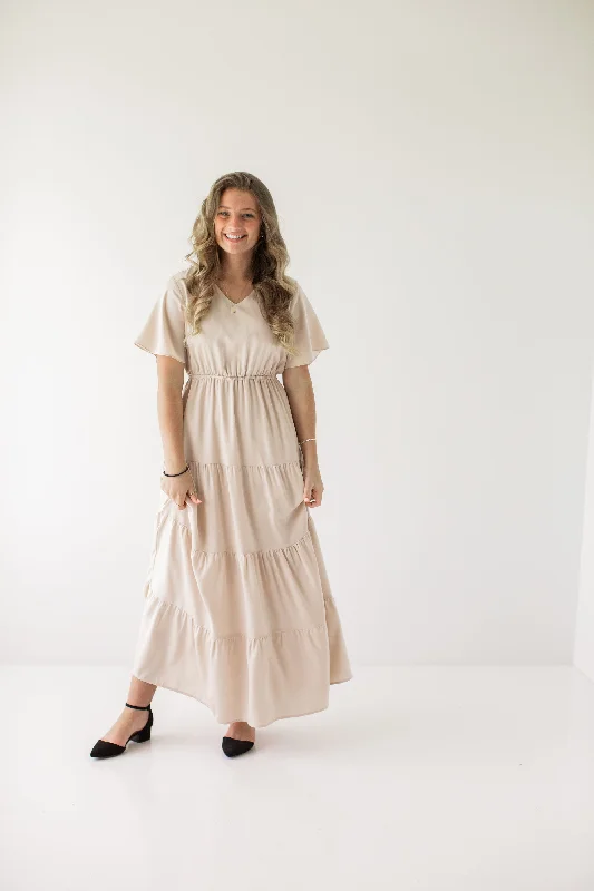 Maxi dresses with empire line -'Aria' Muted Satin Flutter Sleeve Tiered Maxi Dress in Champagne