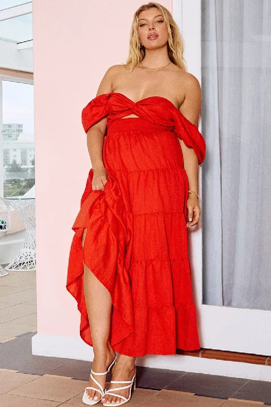 Maxi dresses with crinkled fabric -Red Maxi Dress Short Sleeve Twist Front