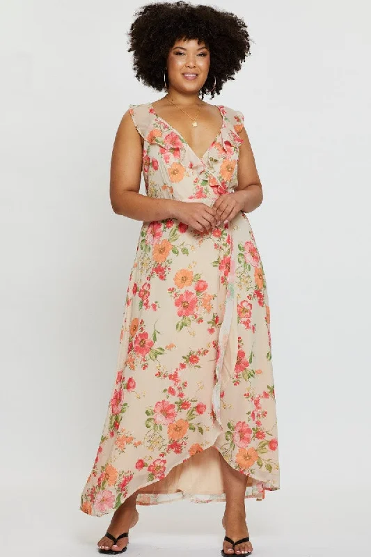 Maxi dresses with velvet texture -Floral Print Maxi Dress V-neck Sleeveless