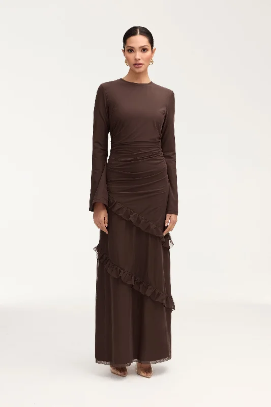 Maxi dresses for tropical getaway dinners -Sabrina Waterfall Maxi Dress - Espresso