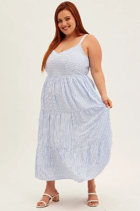 Maxi dresses for luxury celebration -Blue Stripe Maxi Dress Sleeveless V-neck Tiered