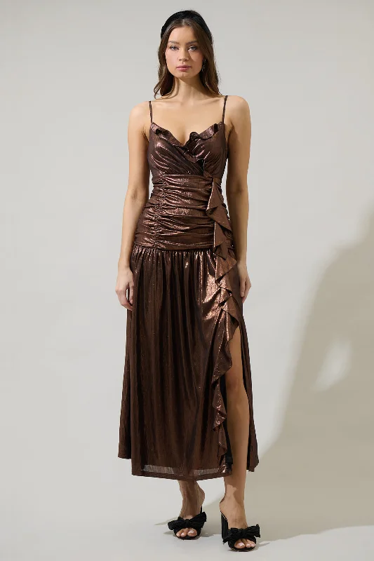 Maxi dresses with pleated sleeves -Rina Metallic Bristol Ruched Maxi Dress