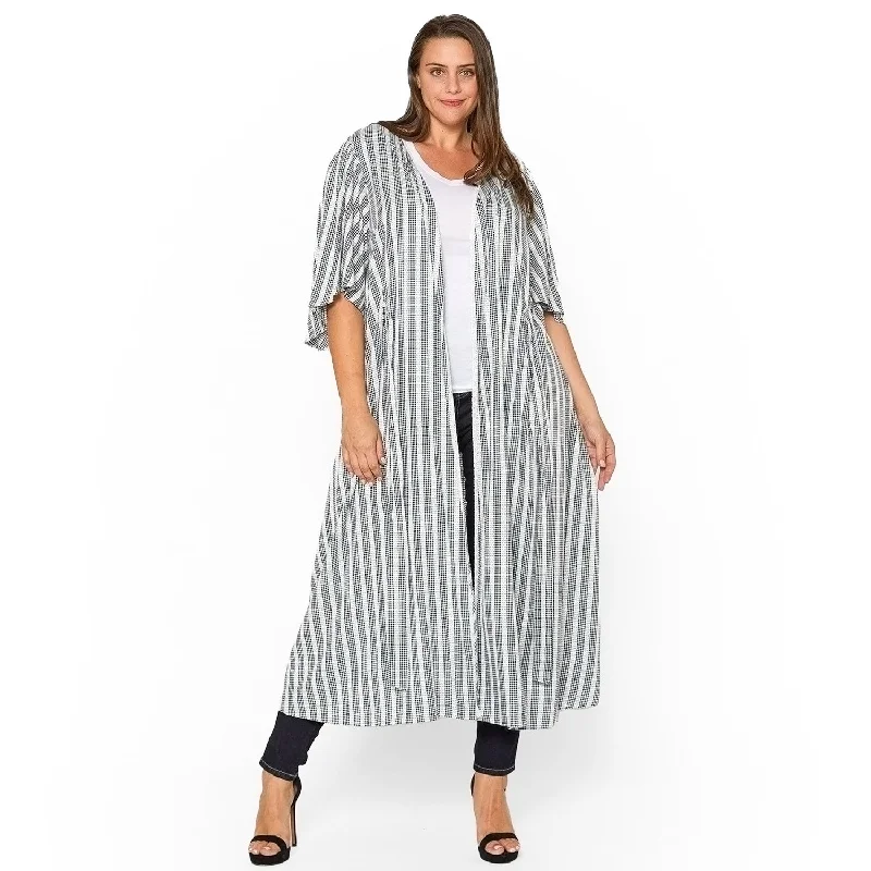 Maxi dresses with loose pleats -Plus Size Lace Trim Tie Front Maxi Cardigan in Ditsy Gingham