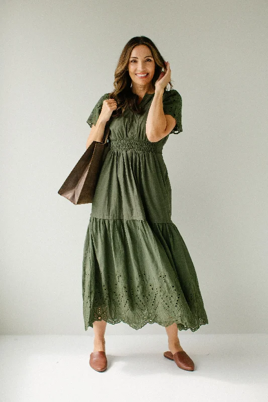 Maxi dresses with lace trim -'Georgina' Eyelet Detail Smocked Waist Maxi Dress in Olive