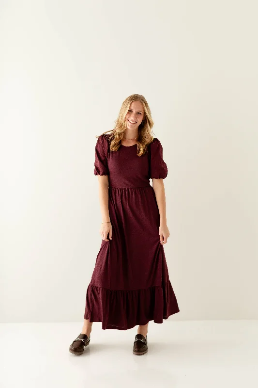 Maxi dresses for formal events -'Glory' Cotton Blend Ruffle Hem Maxi Dress in Merlot