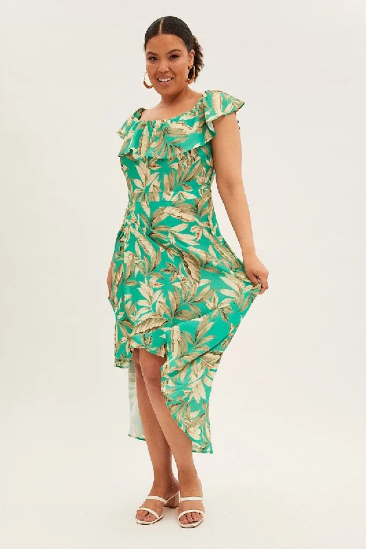 Maxi dresses for beach vacations -Green Floral Maxi Dress Off Shoulder Crepe