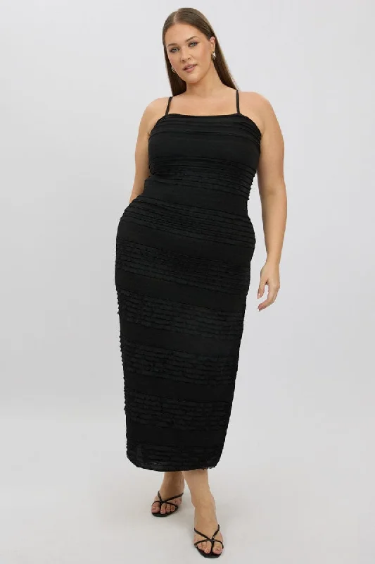 Maxi dresses for luxury dinner parties -Black Textured Frill Scoop Neck Bodycon Maxidress