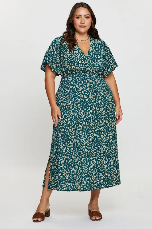 Maxi dresses with flower patterns for summer -Ditsy Print Maxi Dress V-neck