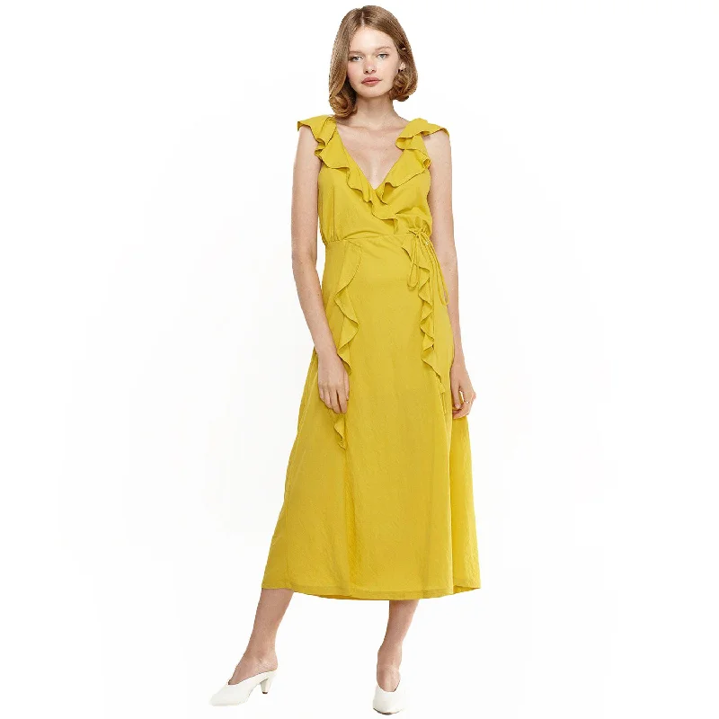 Maxi dresses for winter formal -Women's Ruffle Trim Wrapped Maxi Dress in Mustard