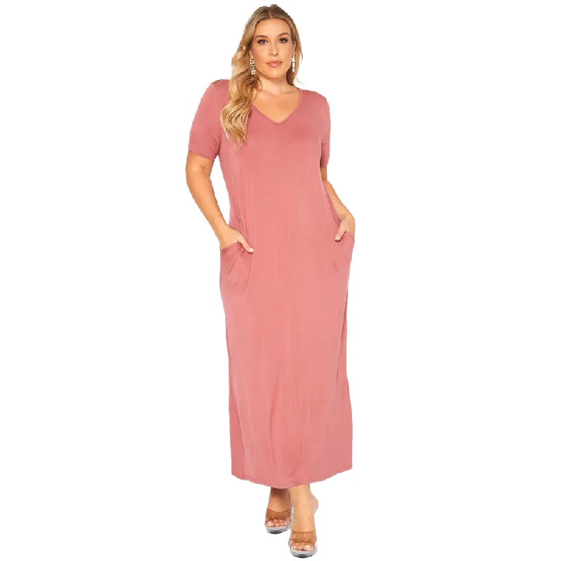 Maxi dresses for luxury resort vacation -Plus Size V-neck Short Sleeve Maxi Dress With Pockets