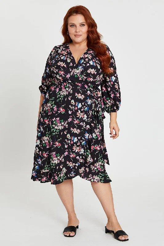 Maxi dresses with frill sleeve design -Floral Print Maxi Dress V-neck Long Sleeve